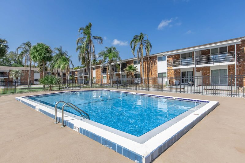 Fenced pool deck with lounge space and palm landscaping